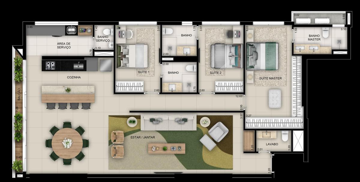 Planta 01 - 3 dorm 157 19m²