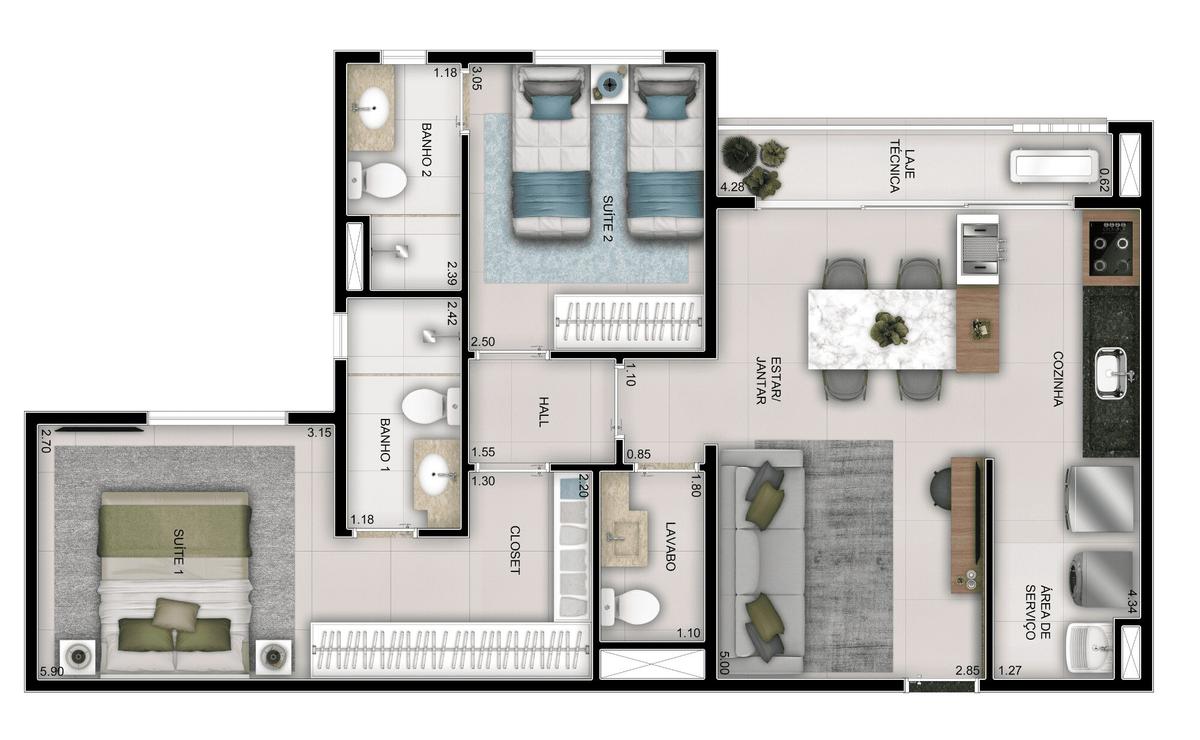 Planta 01 - 2 dorm 66m²