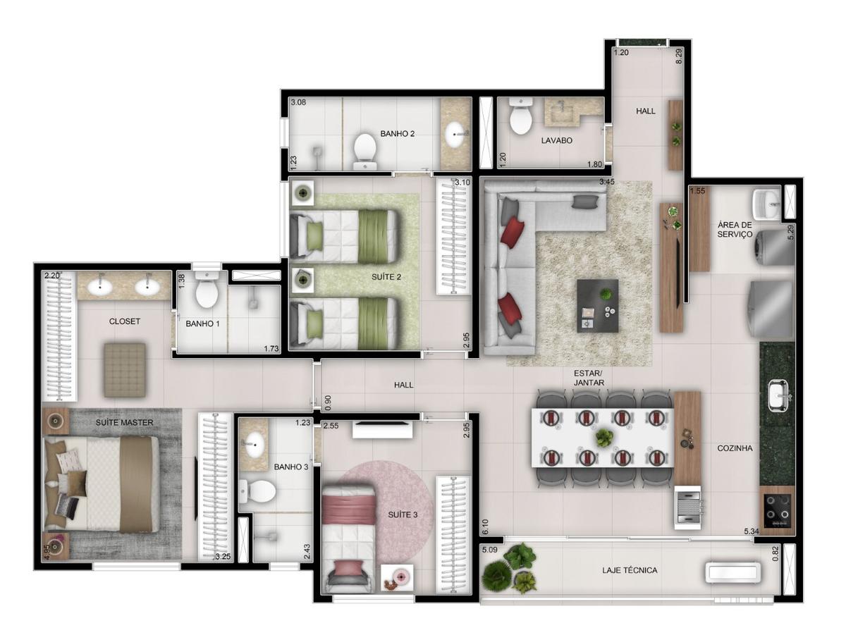Planta 02 - 3 dorm 100m²