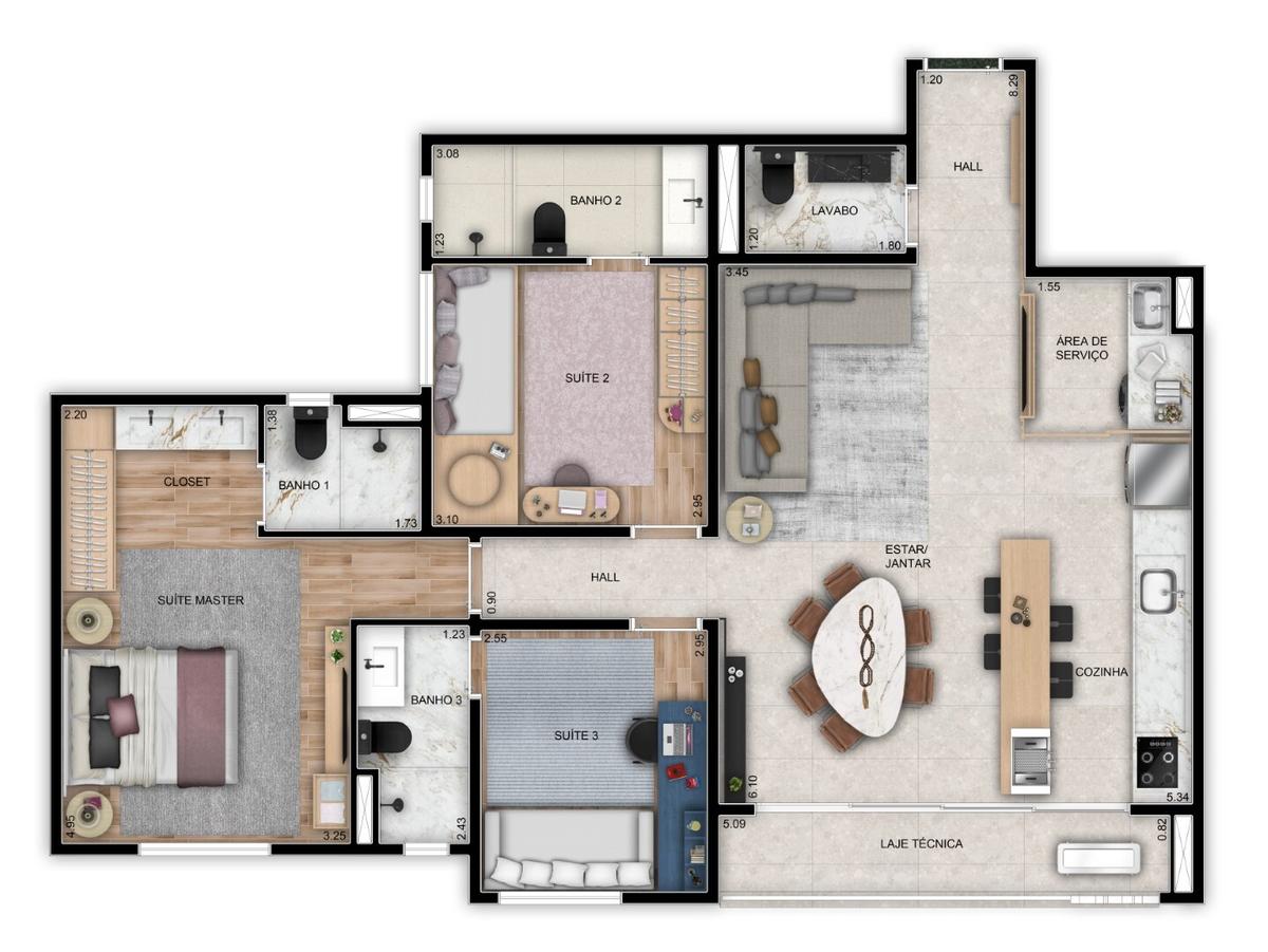 Planta 03 - 3 dorm 100m²