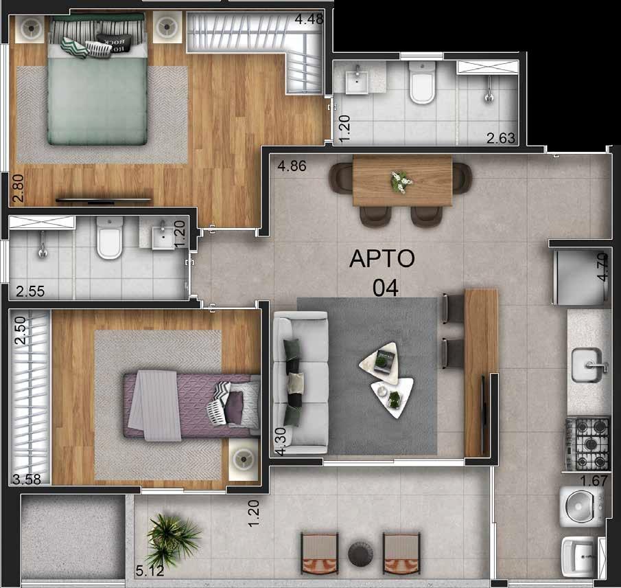 Planta 02 - 2 dorm 71m²