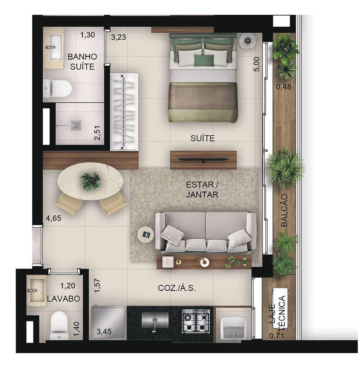 Planta 01 - 1 dorm 40,92m² - studio