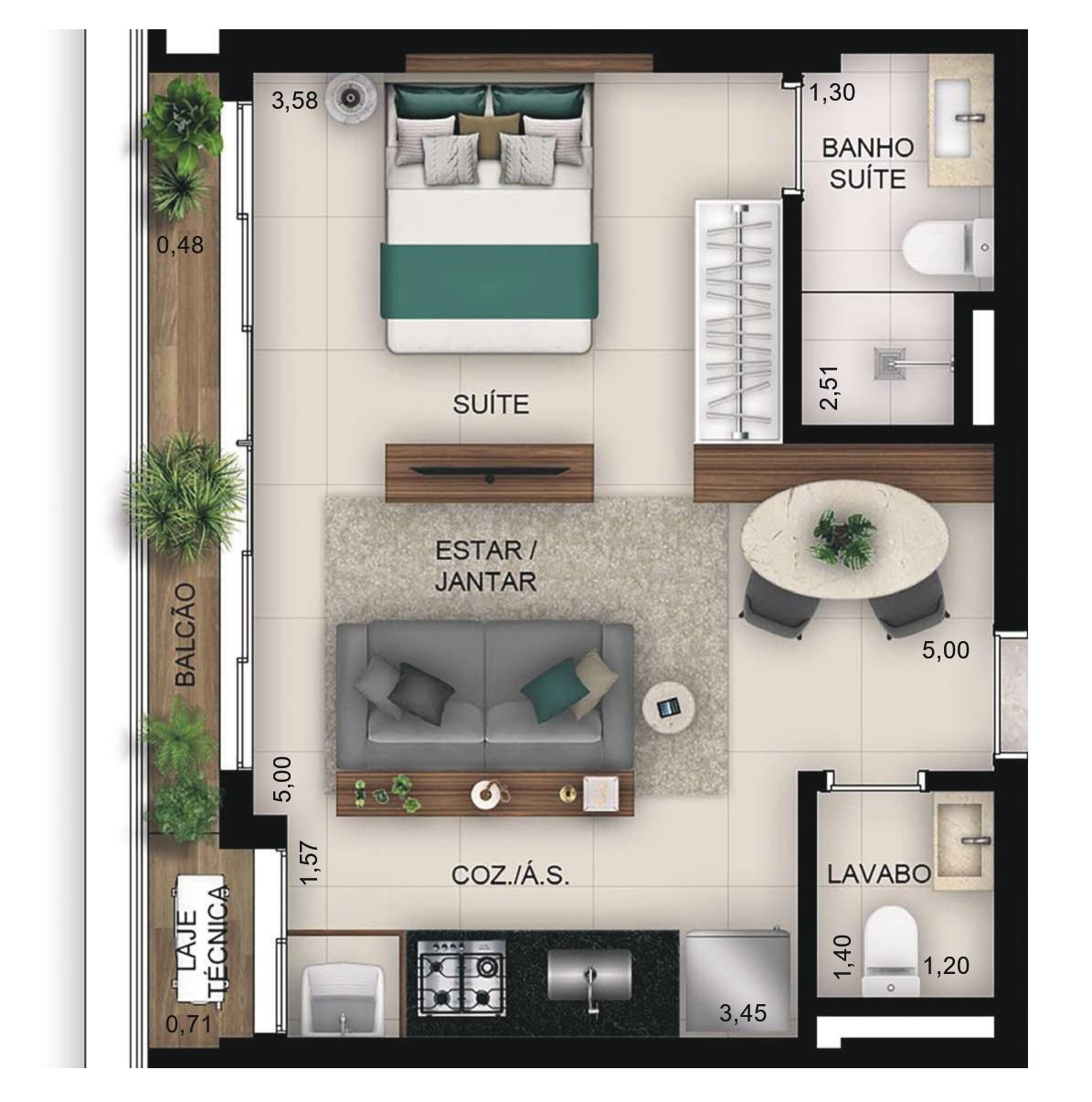 Planta 02 - 1 dorm 41,40m² - studio