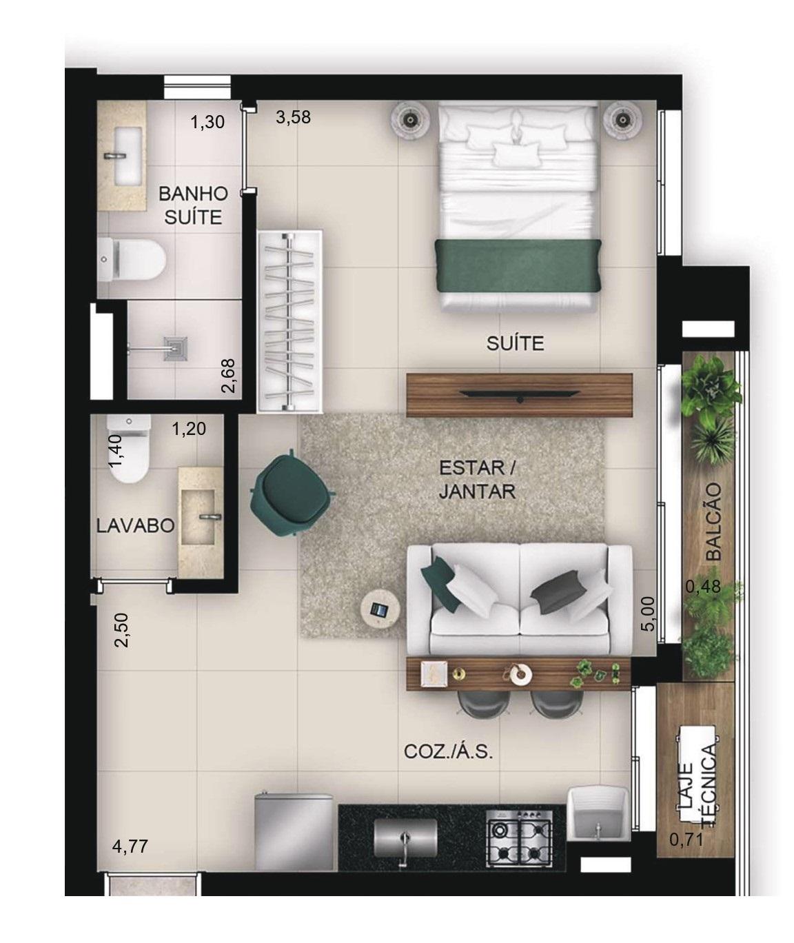 Planta 03 - 1 dorm 42,62m² - studio