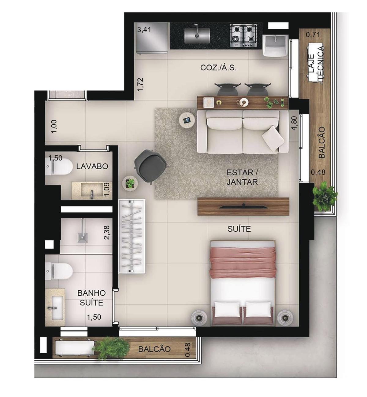 Planta 05 - 1 dorm 43,27m² - studio