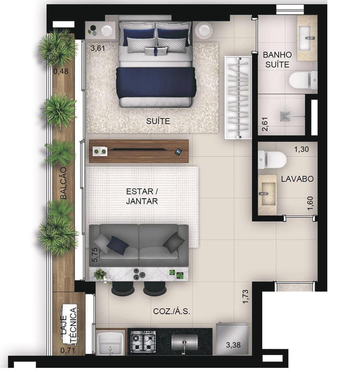 Planta 06 - 1 dorm 44,41m² - studio