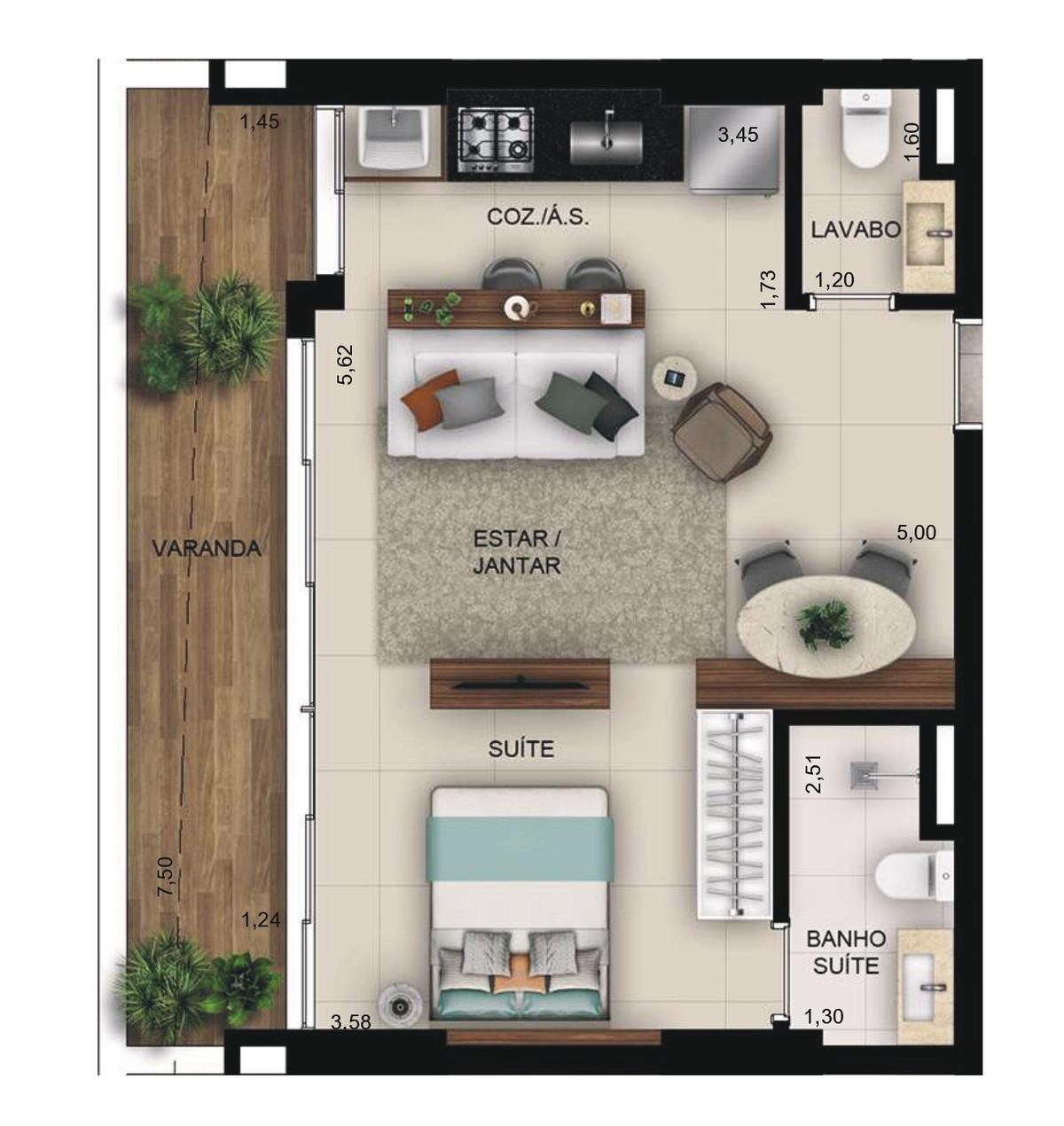 Planta 12 - 1 dorm 52,86m² - garden