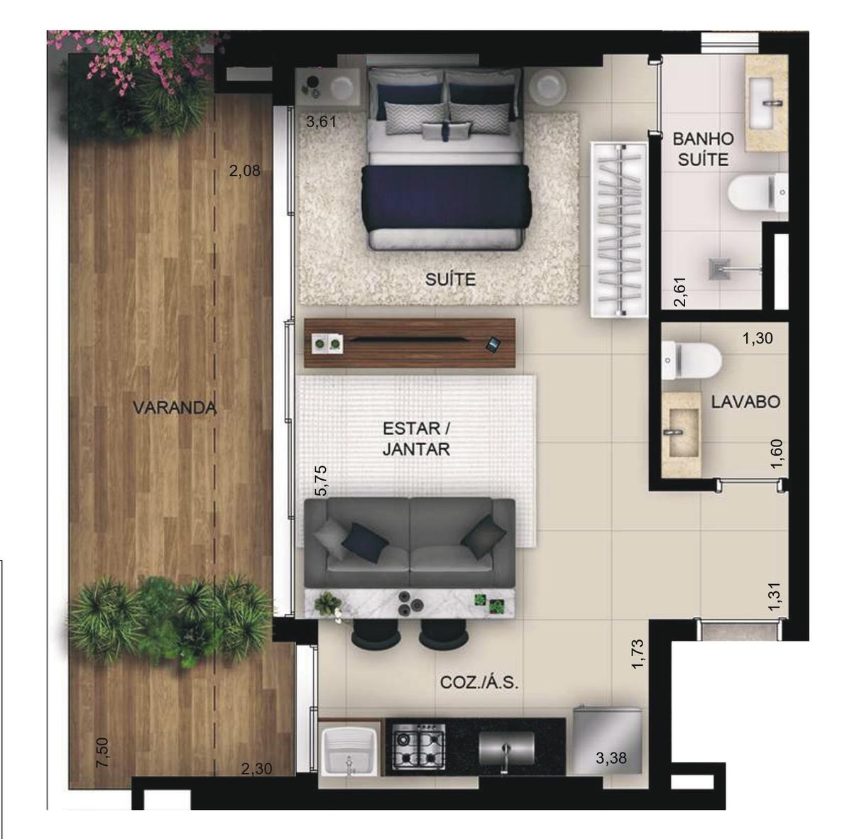 Planta 13 - 1 dorm 57,45m² - garden