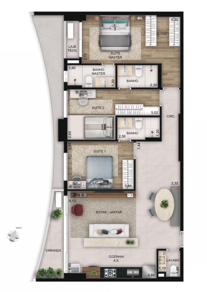 Planta 01 - 3 dorm 100m²