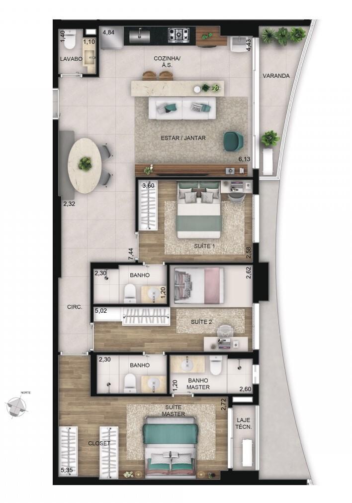 Planta 02 - 3 dorm 100m²