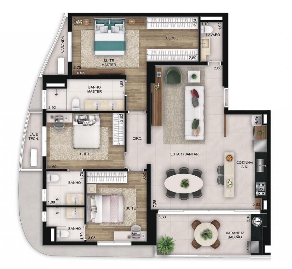Planta 04 - 3 dorm 127m²