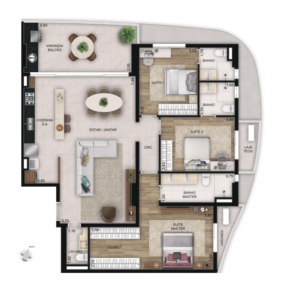 Planta 06 - 3 dorm 135m²