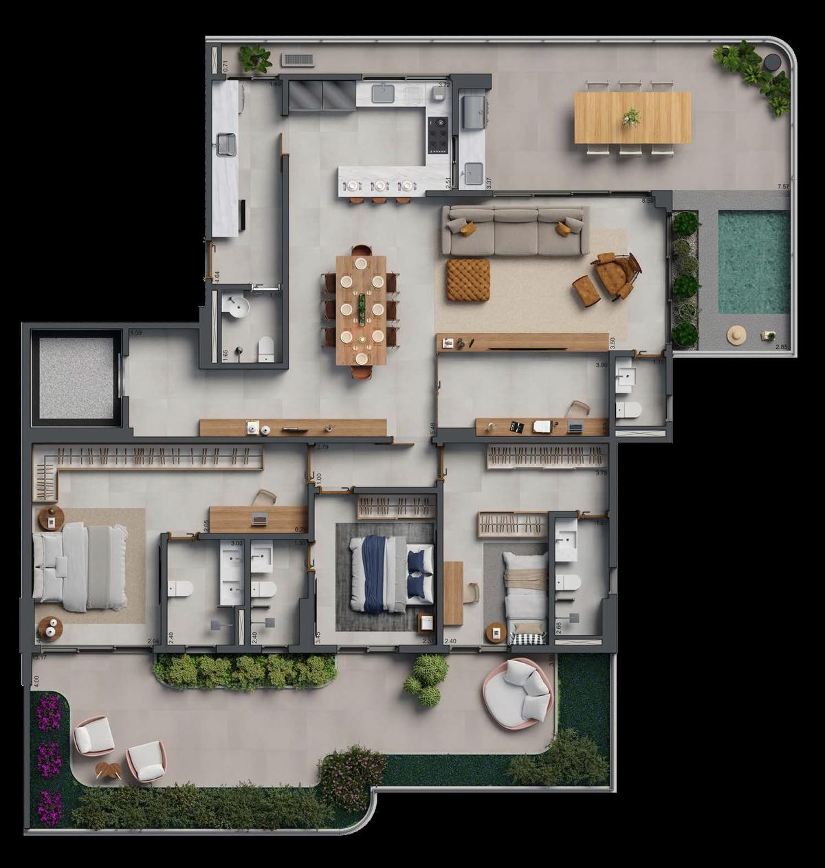 Planta 07 - 3 dorm 240m² - garden