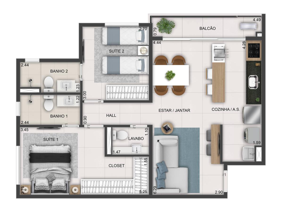 Planta 02 - 2 dorm 70m²