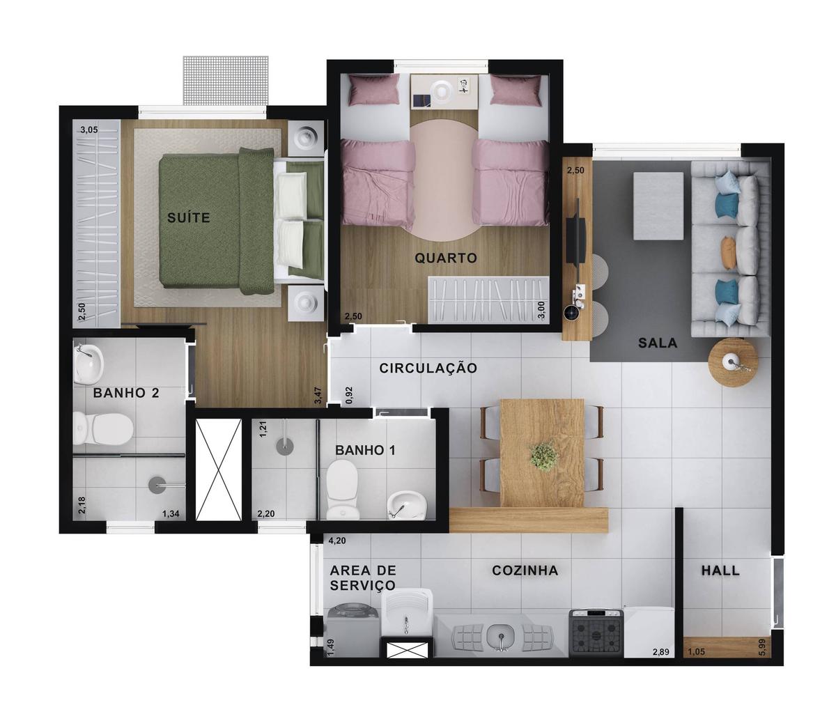 Planta 01 - 2 dorm 52m²