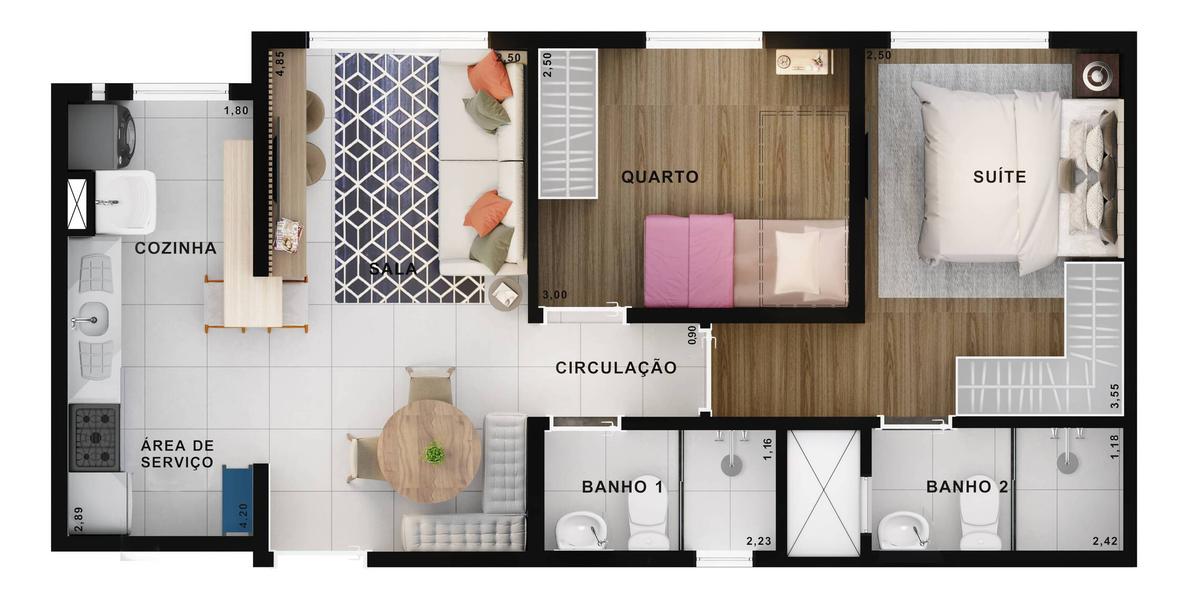 Planta 02 - 2 dorm 52m²