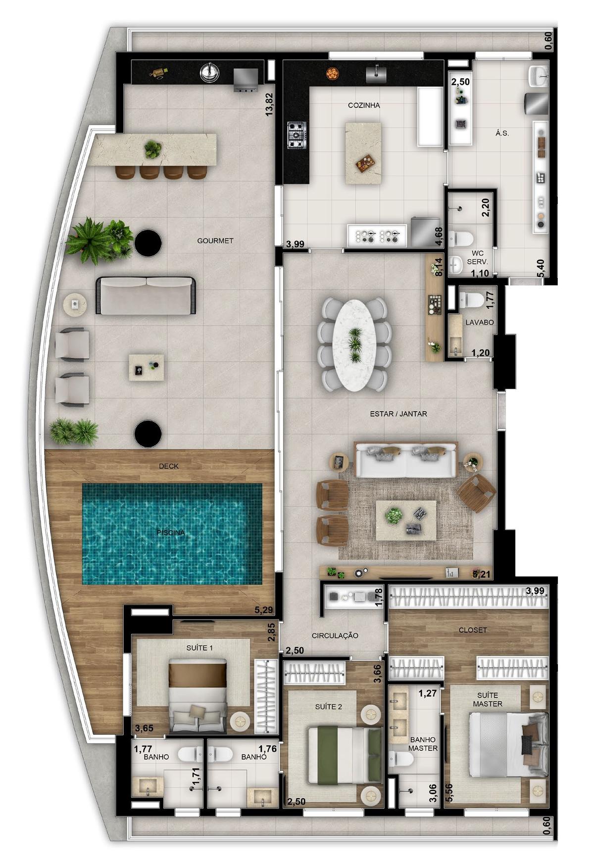 Planta 10 - 3 dorm 241,32m² - cobertura horizontal
