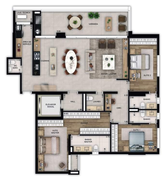 Planta 01 - 3 dorm 170m²