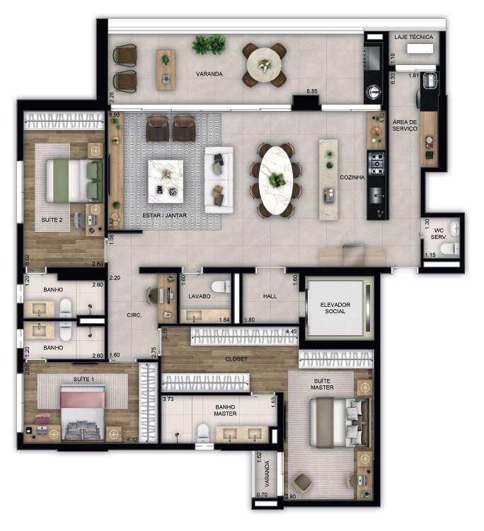Planta 02 - 3 dorm 171m²