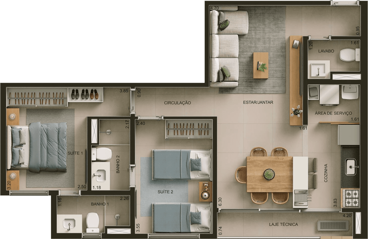 Planta 01 - 2 dorm 65m²