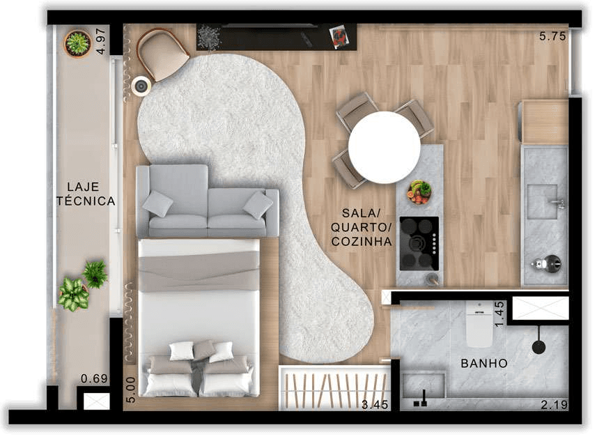 Planta 01 - 1 dorm 37m² - studio