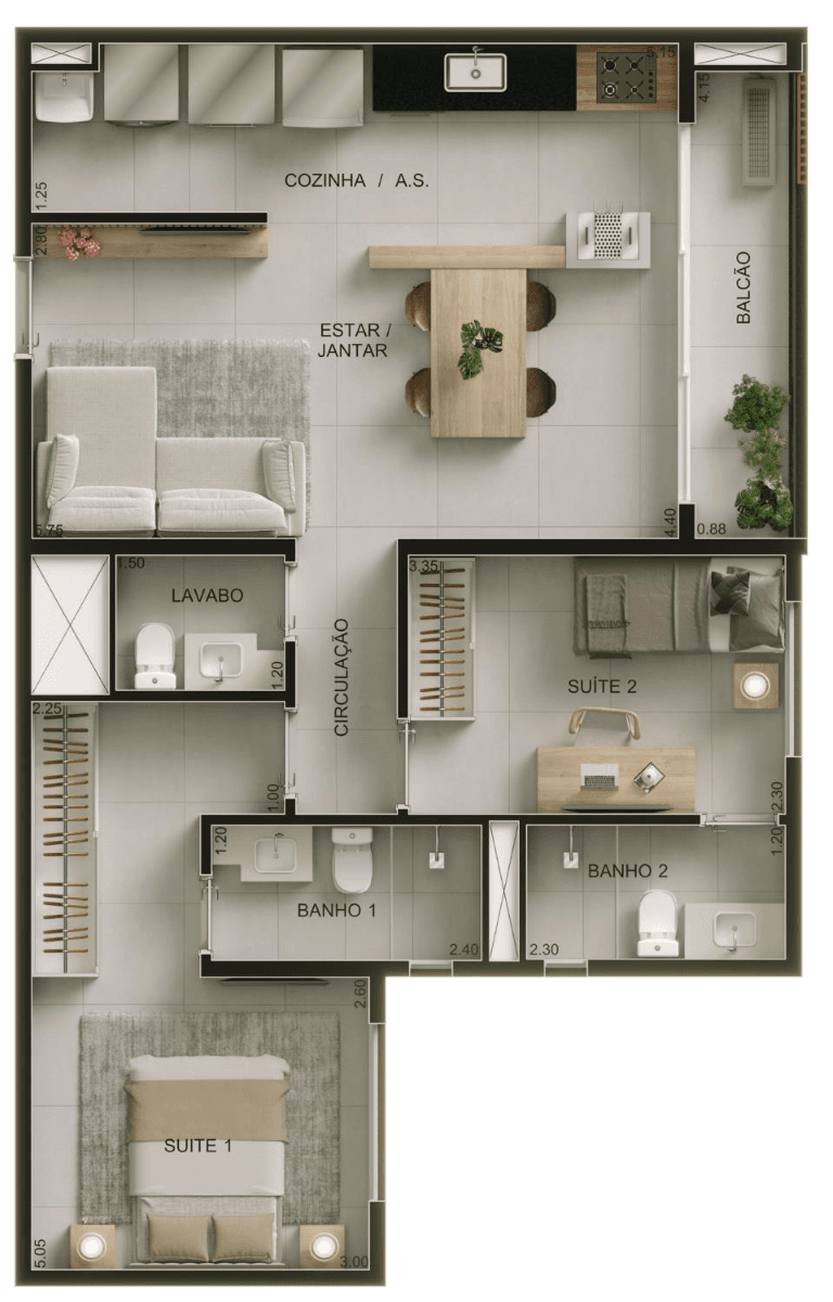 Planta 03 - 2 dorm 70m²