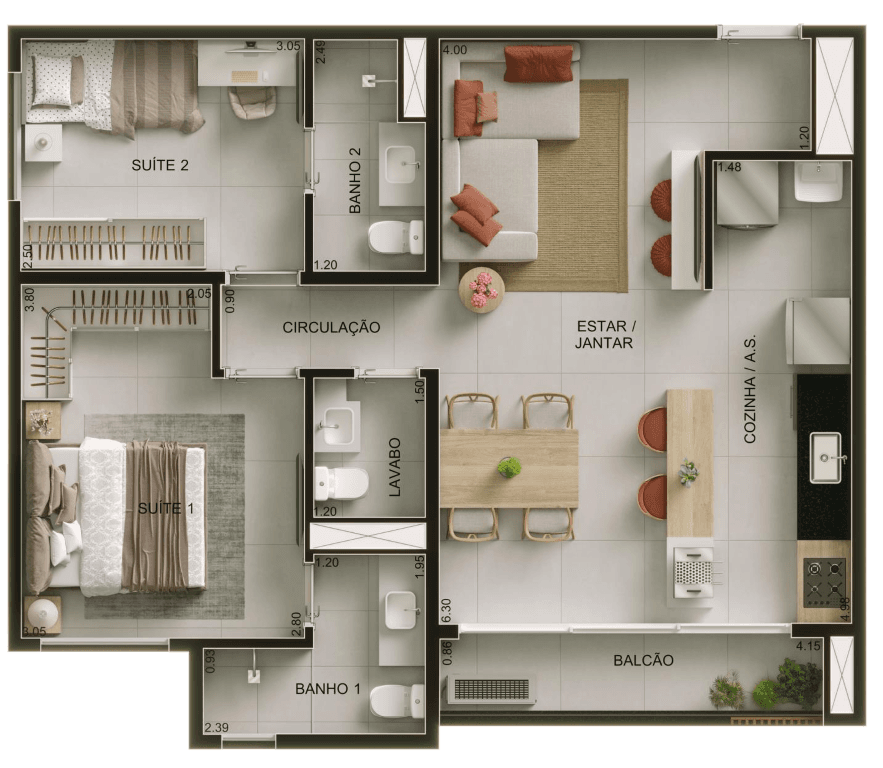 Planta 04 - 2 dorm 70m²