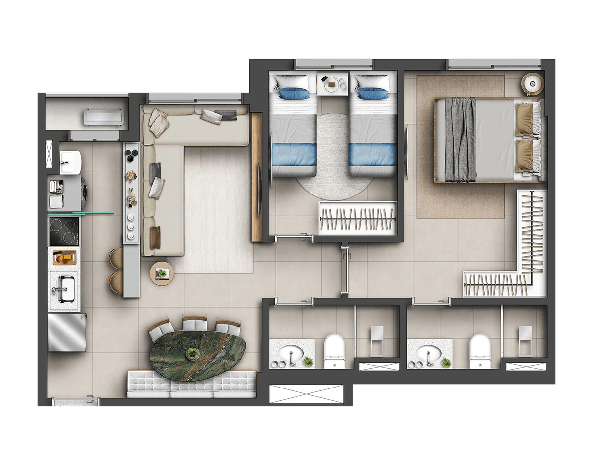 Planta 01 - 2 dorm 56m²