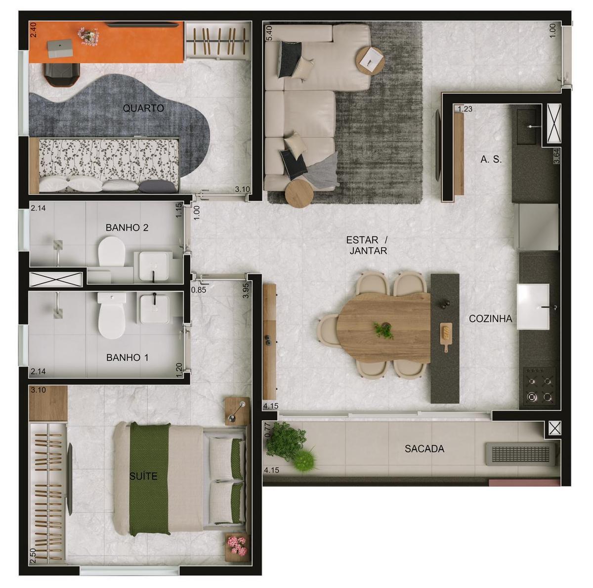 Planta 02 - 2 dorm 54m²