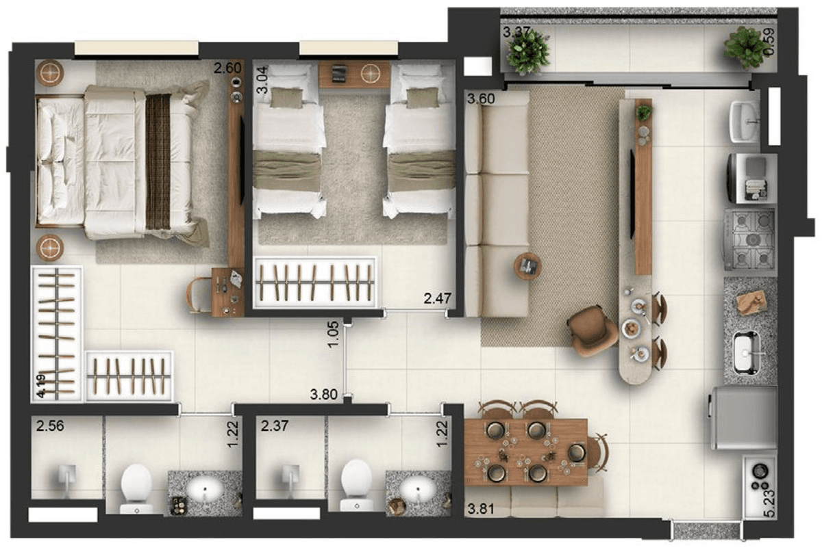 Planta 04 - 2 dorm 57m²