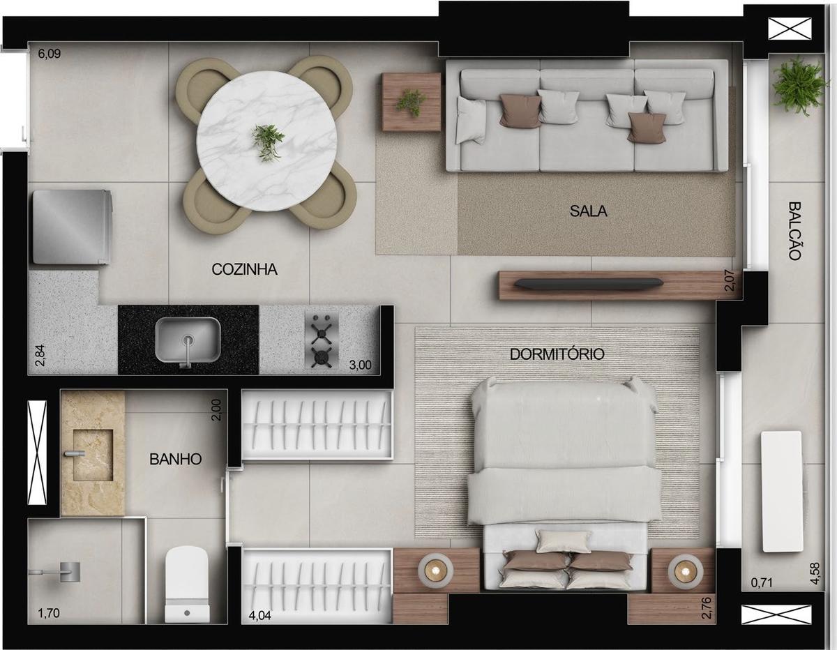 Planta 01 - 1 dorm 37m² - studio