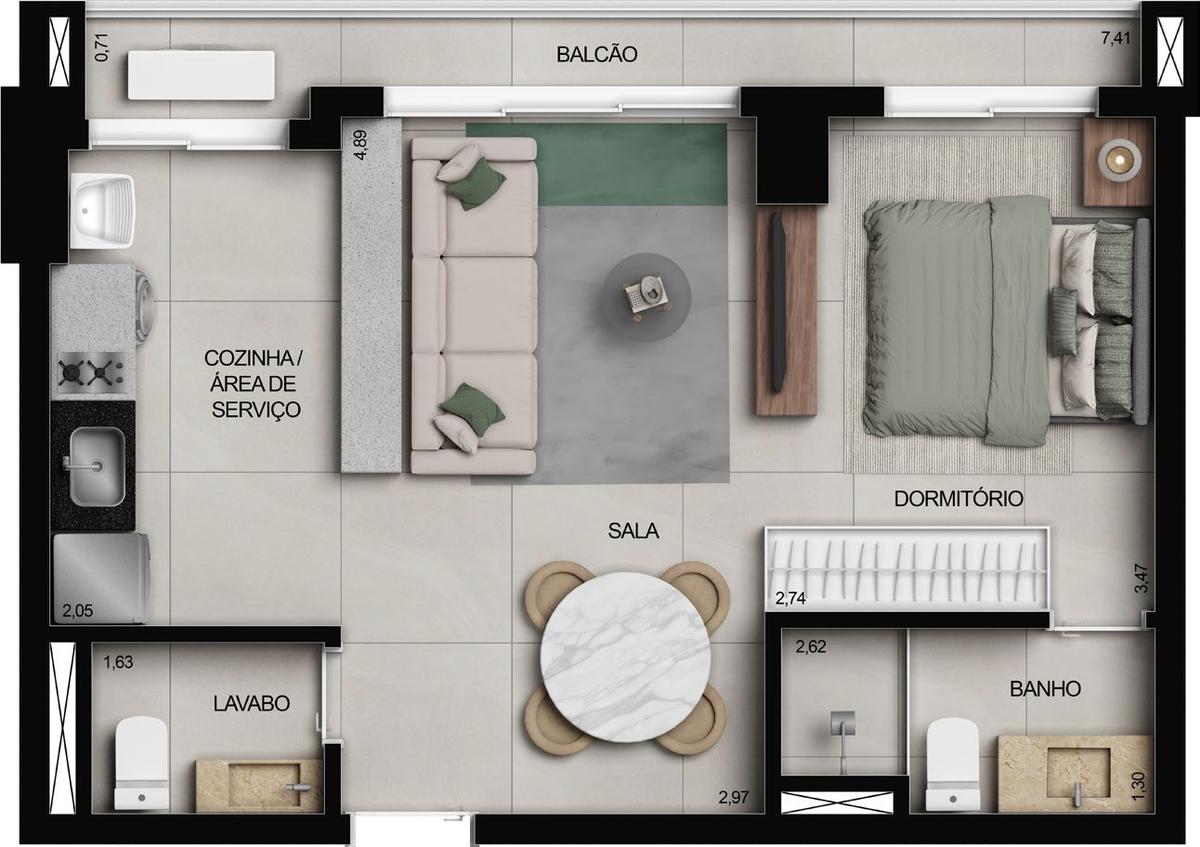 Planta 02 - 1 dorm 45m² - studio