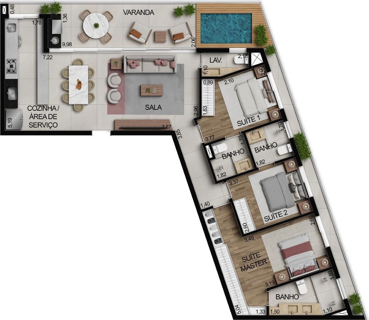 Planta 14 - 3 dorm 134,16m² - cobertura horizontal