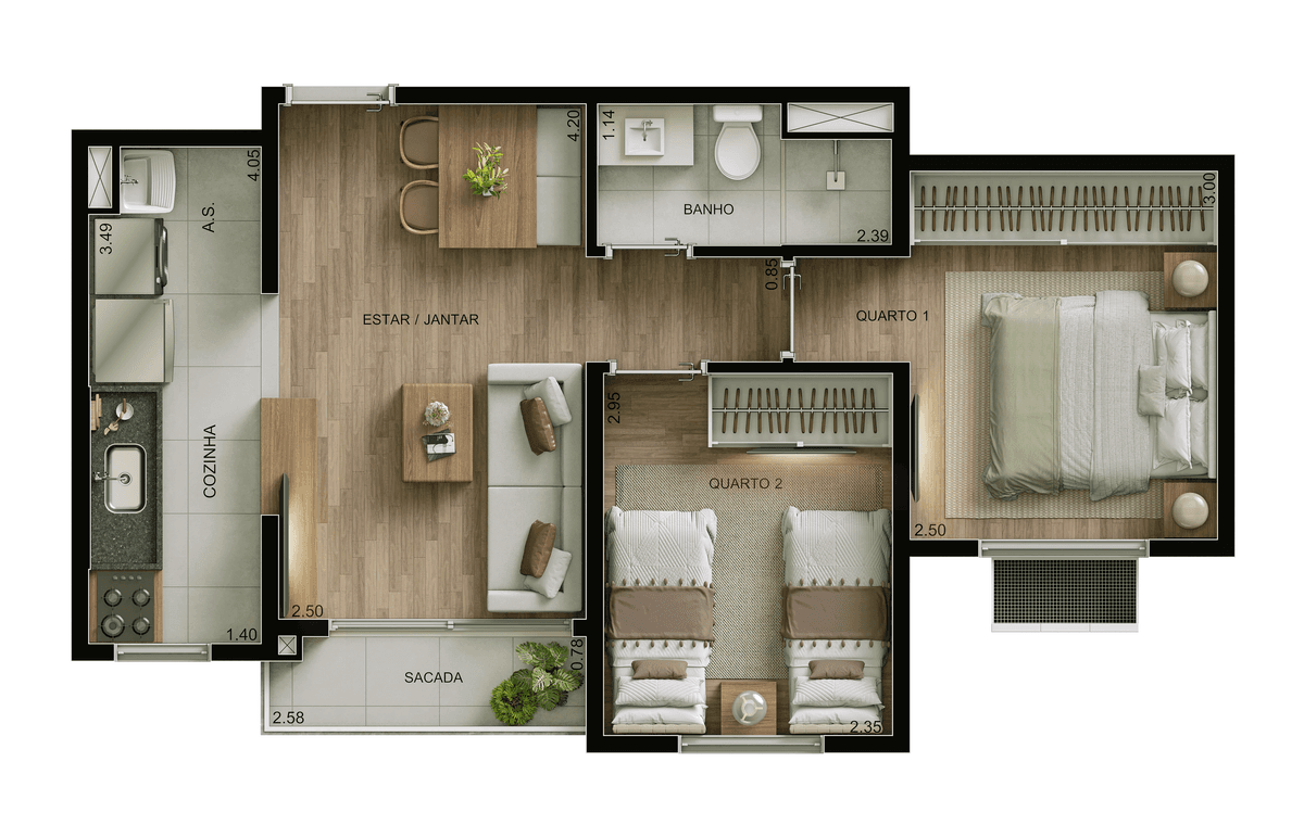 Planta 01 - 2 dorm 43m²