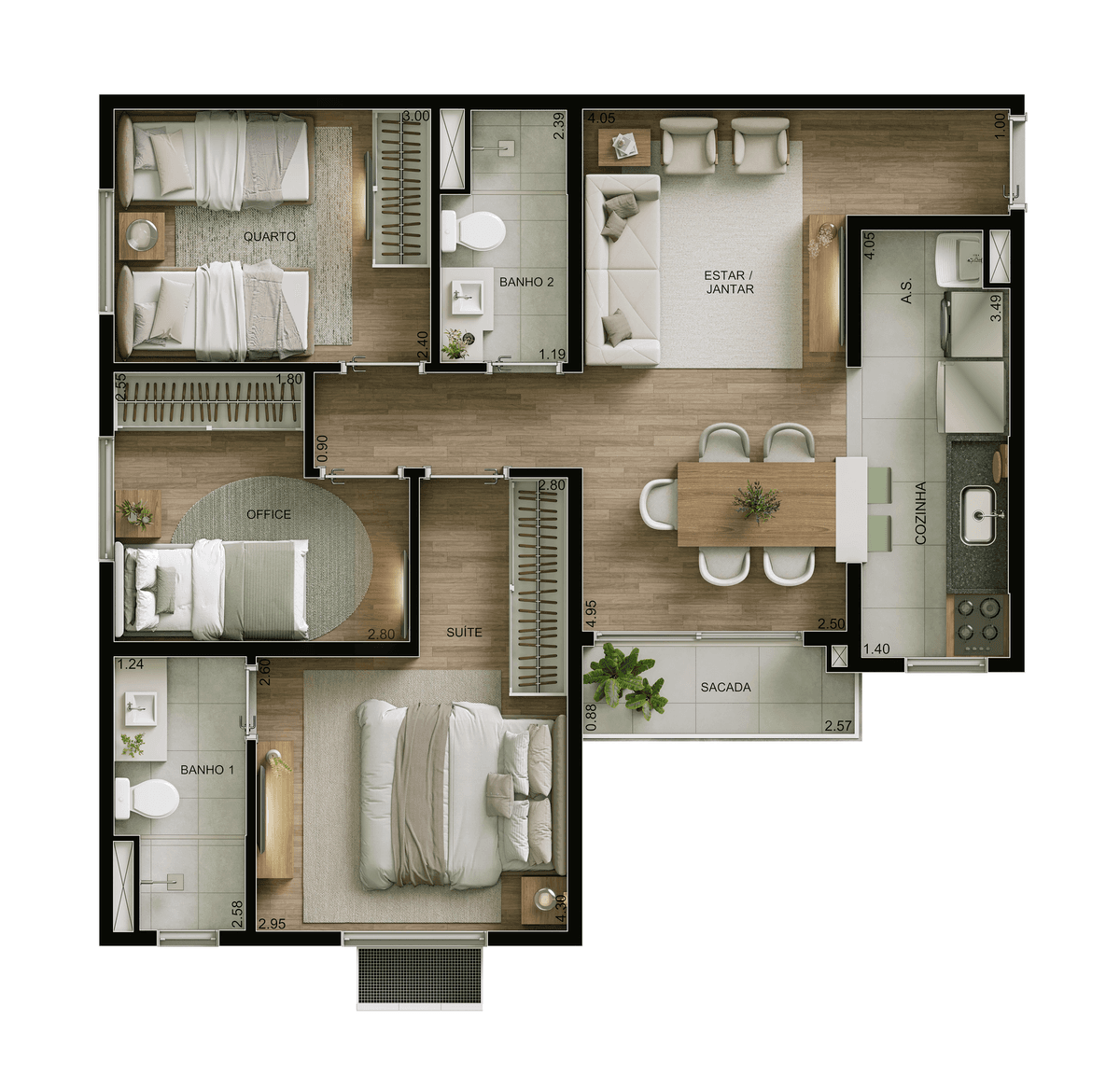Planta 02 - 3 dorm 61m²