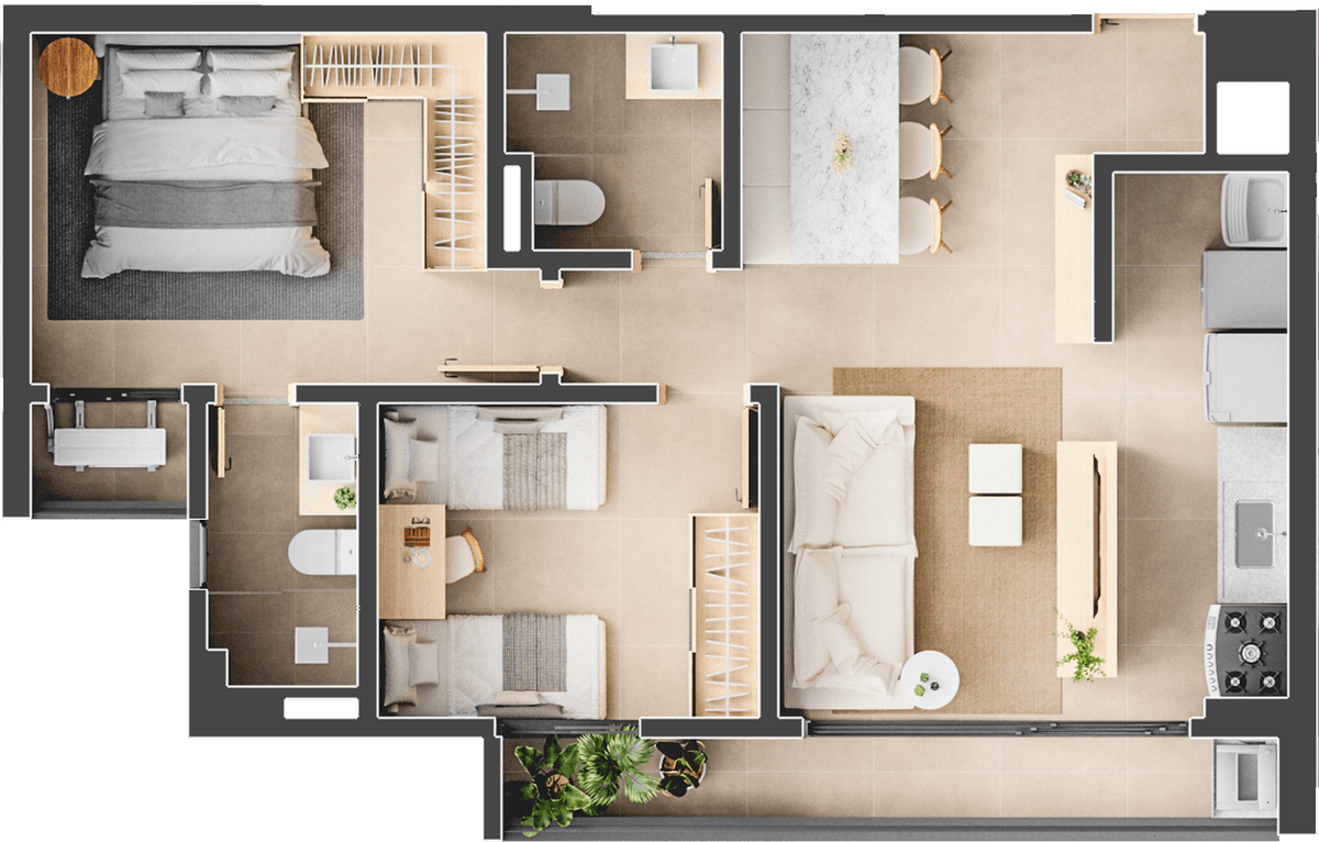 Planta 02 - 2 dorm 64m²