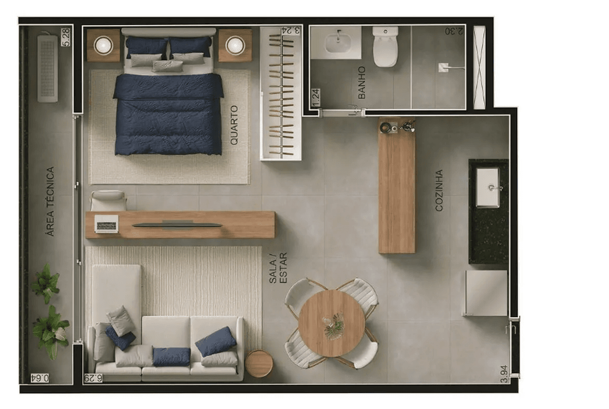 Planta 01 - 1 dorm 40m² - studio