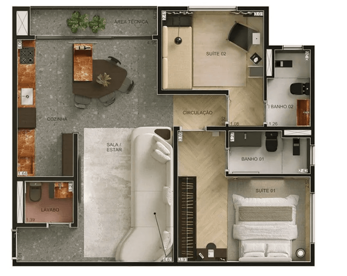 Planta 02 - 2 dorm 67m²