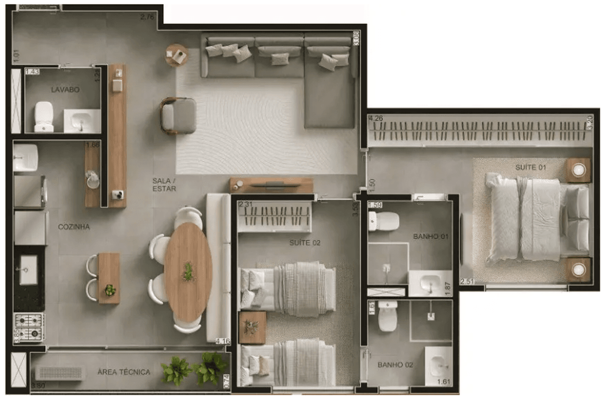 Planta 03 - 2 dorm 70m²
