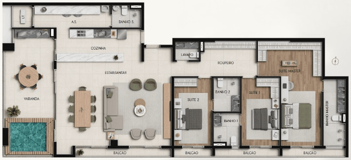 Planta 13 - 3 dorm 211,05m² - cobertura horizontal