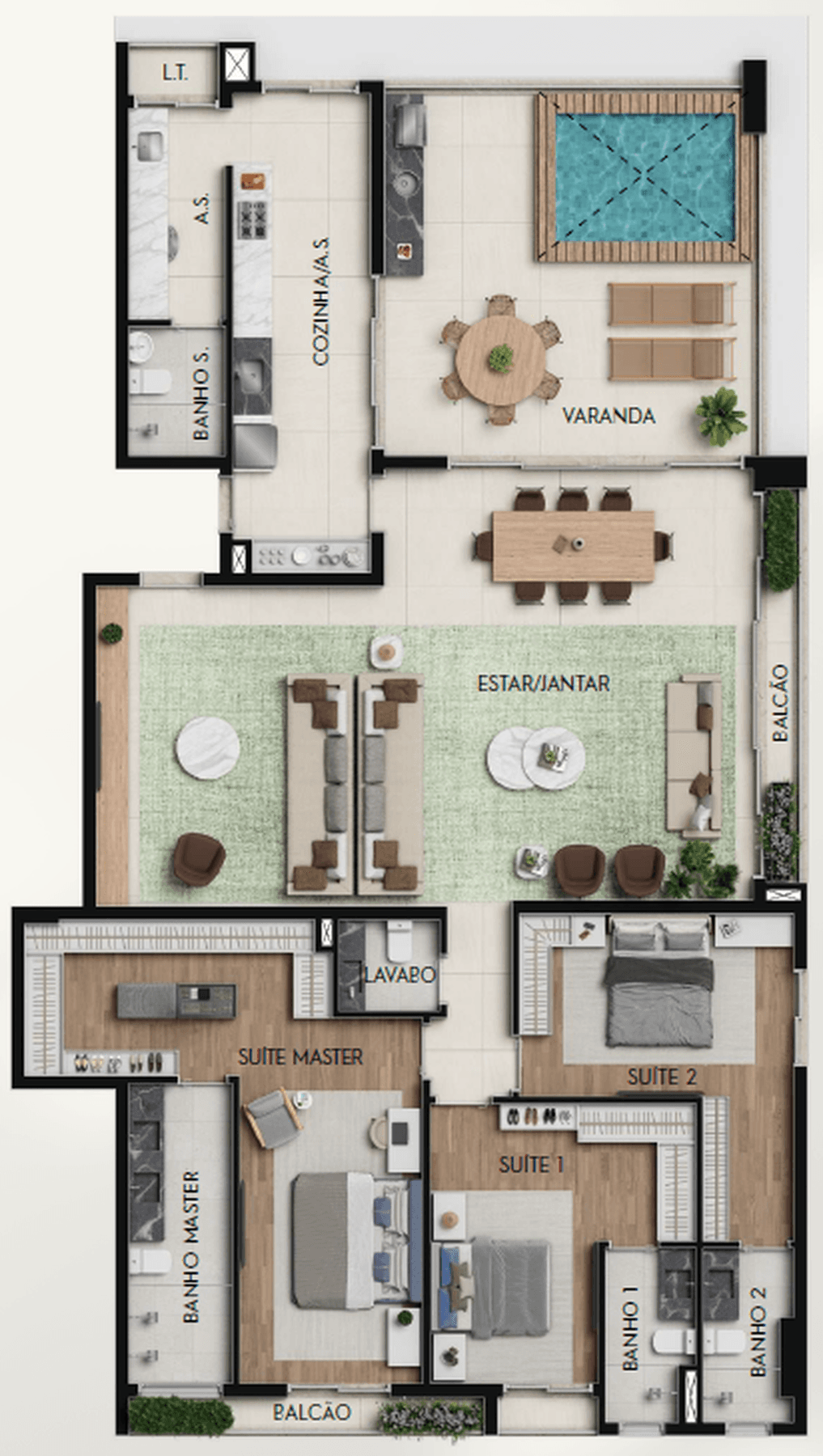 Planta 14 - 3 dorm 227,37m² - cobertura horizontal