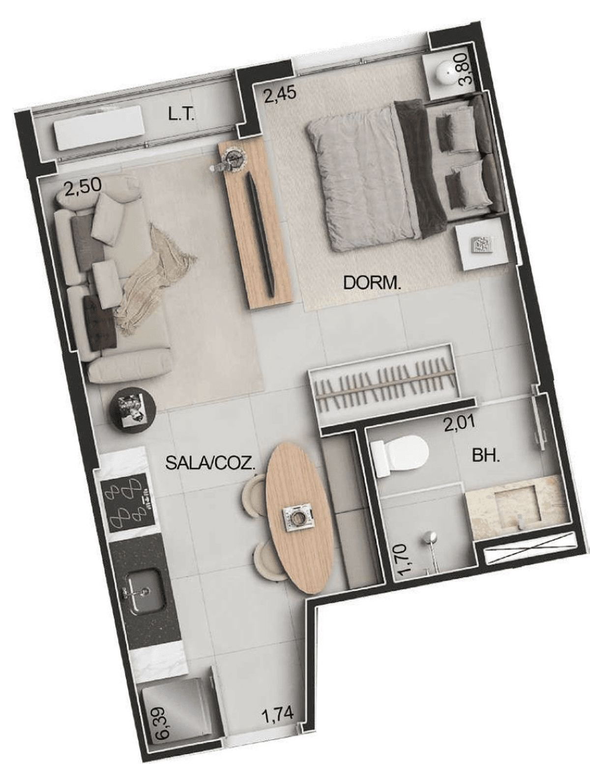 Planta 01 - 1 dorm 33,08m² - studio