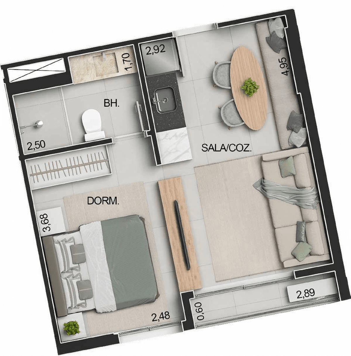 Planta 02 - 1 dorm 33,72m² - studio