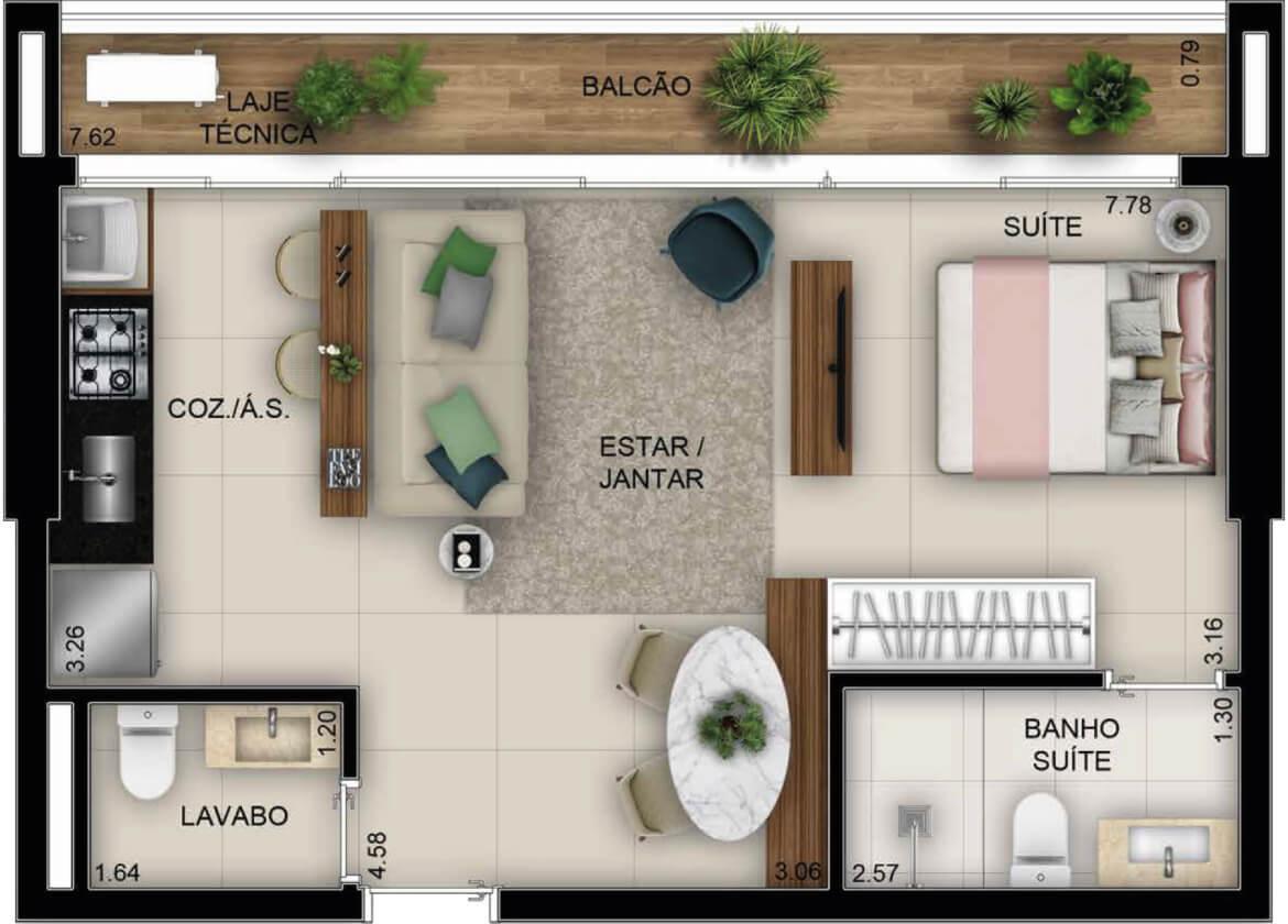 Planta 01 - 1 dorm 48m² - studio