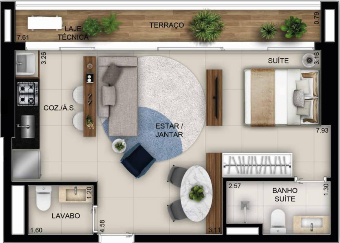 Planta 02 - 1 dorm 49m² - studio