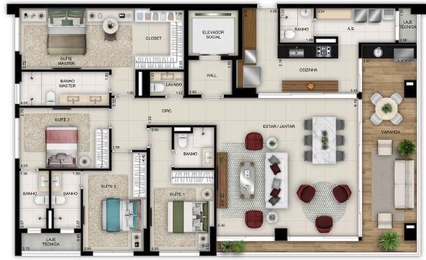 Planta 03 - 4 dorm 200m²