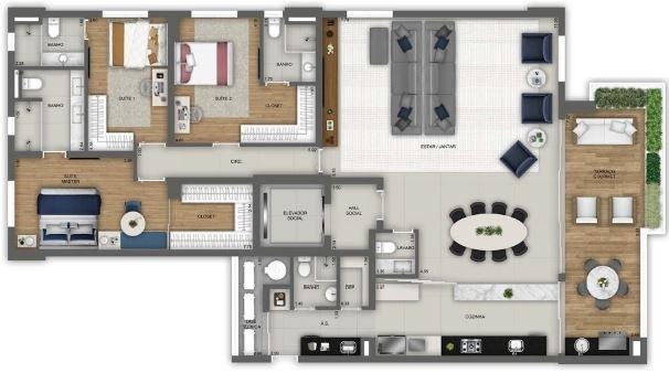 Planta 03 - 3 dorm 204m² - opção 2