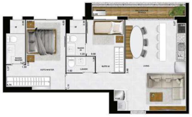 Planta 03 - 2 dorm 77m²
