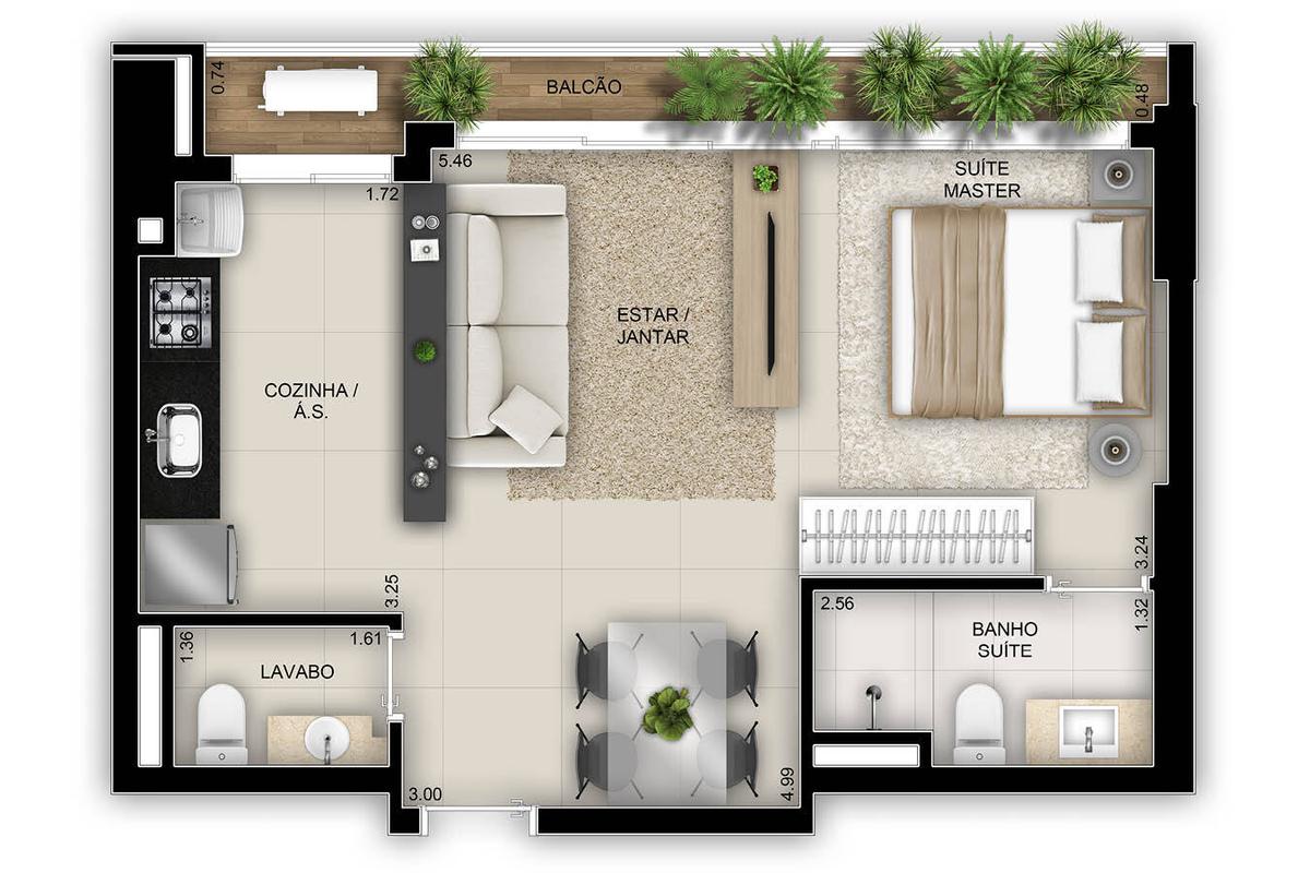 Planta 01 - 1 dorm 46m² - studio