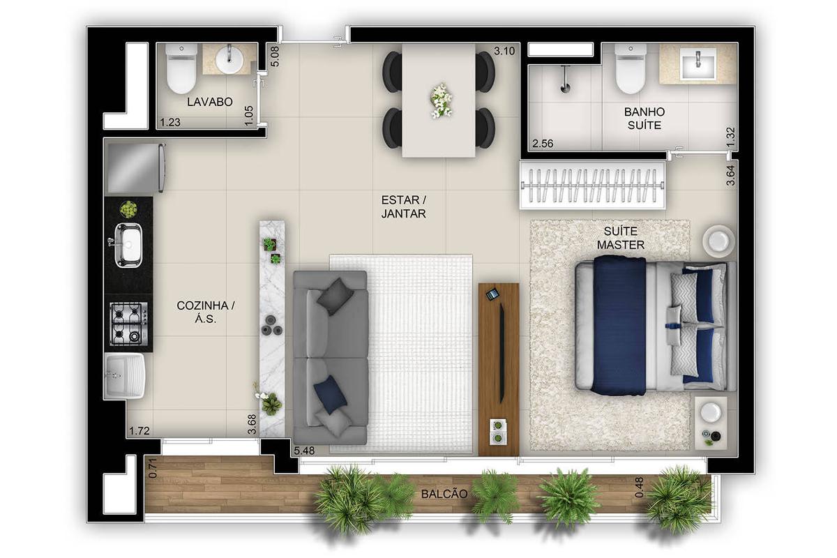 Planta 02 - 1 dorm 47m² - studio